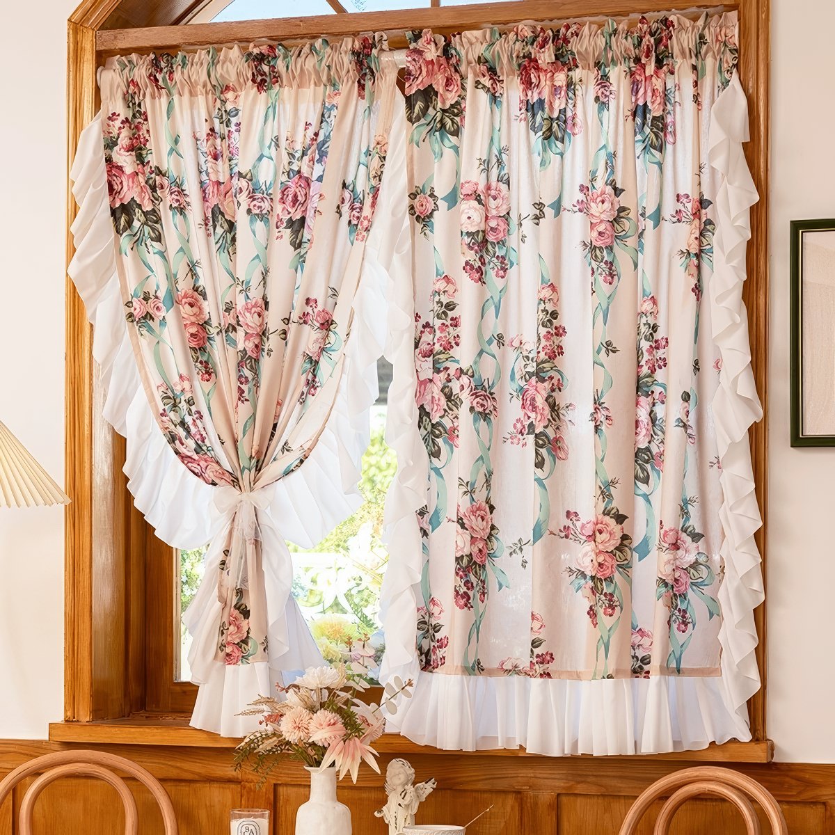 Moslovstar Little Pink Flower Tier Curtain 1 Panel Vintage Style Cotton Linen Half Curtain for Kitchen Cafe Elegant Floral Lace Hem 56 W x 43.3 L Moslovstar Little Pink Flower Tier Curtain 1 Panel Vintage Style Cotton Linen Half Curtain for Kitchen Cafe Elegant Floral Lace Hem 56 W x 43.3 L