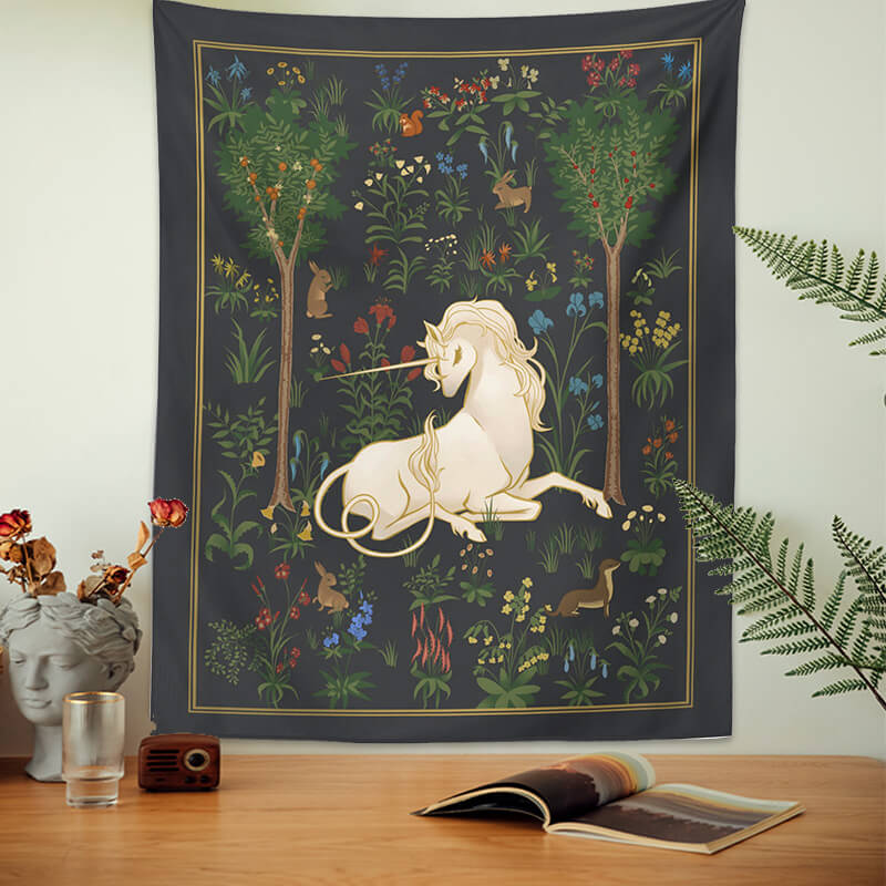fairycore aesthetic unicorn in a forest print wall hanging tapestry roomtery