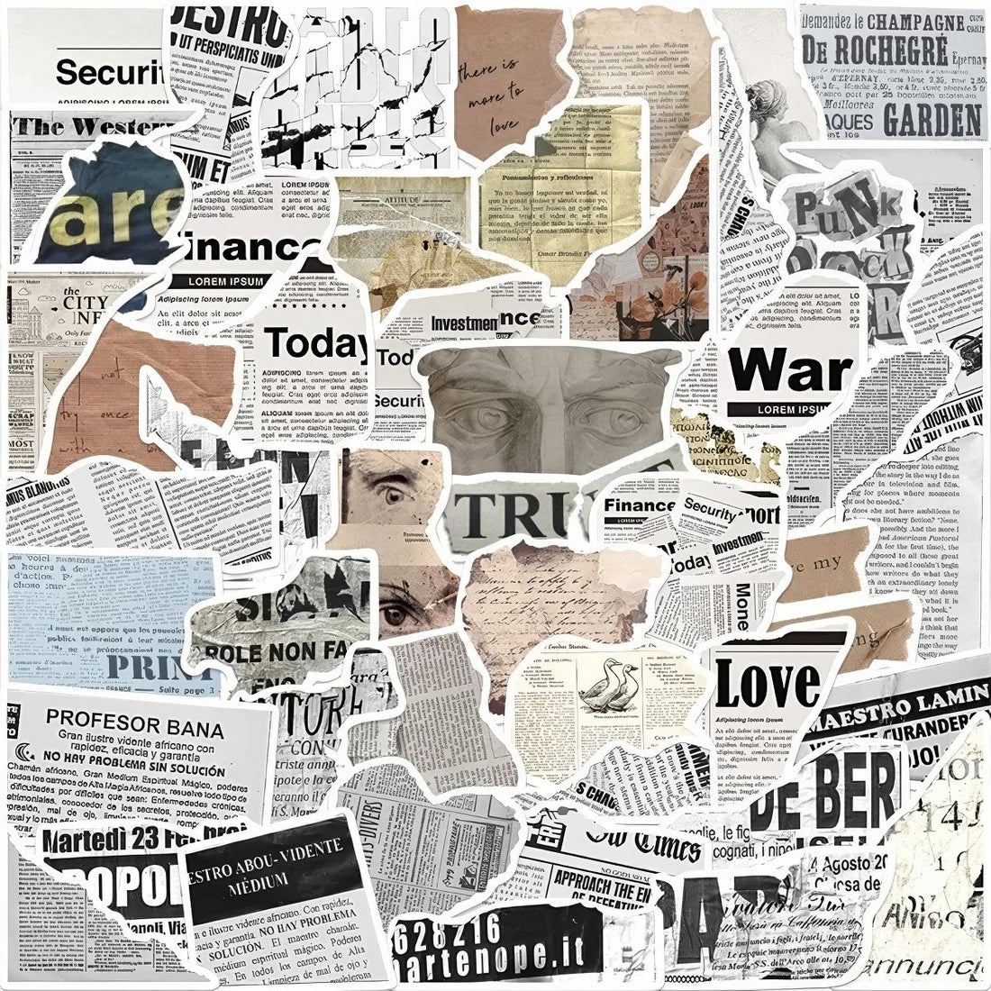 A collection of 52 stickers designed with vintage newspaper prints, old magazine clippings, classical artwork, and muted neutral tones, ideal for decorating journals and scrapbooks.