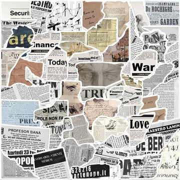 A collection of 52 stickers designed with vintage newspaper prints, old magazine clippings, classical artwork, and muted neutral tones, ideal for decorating journals and scrapbooks.