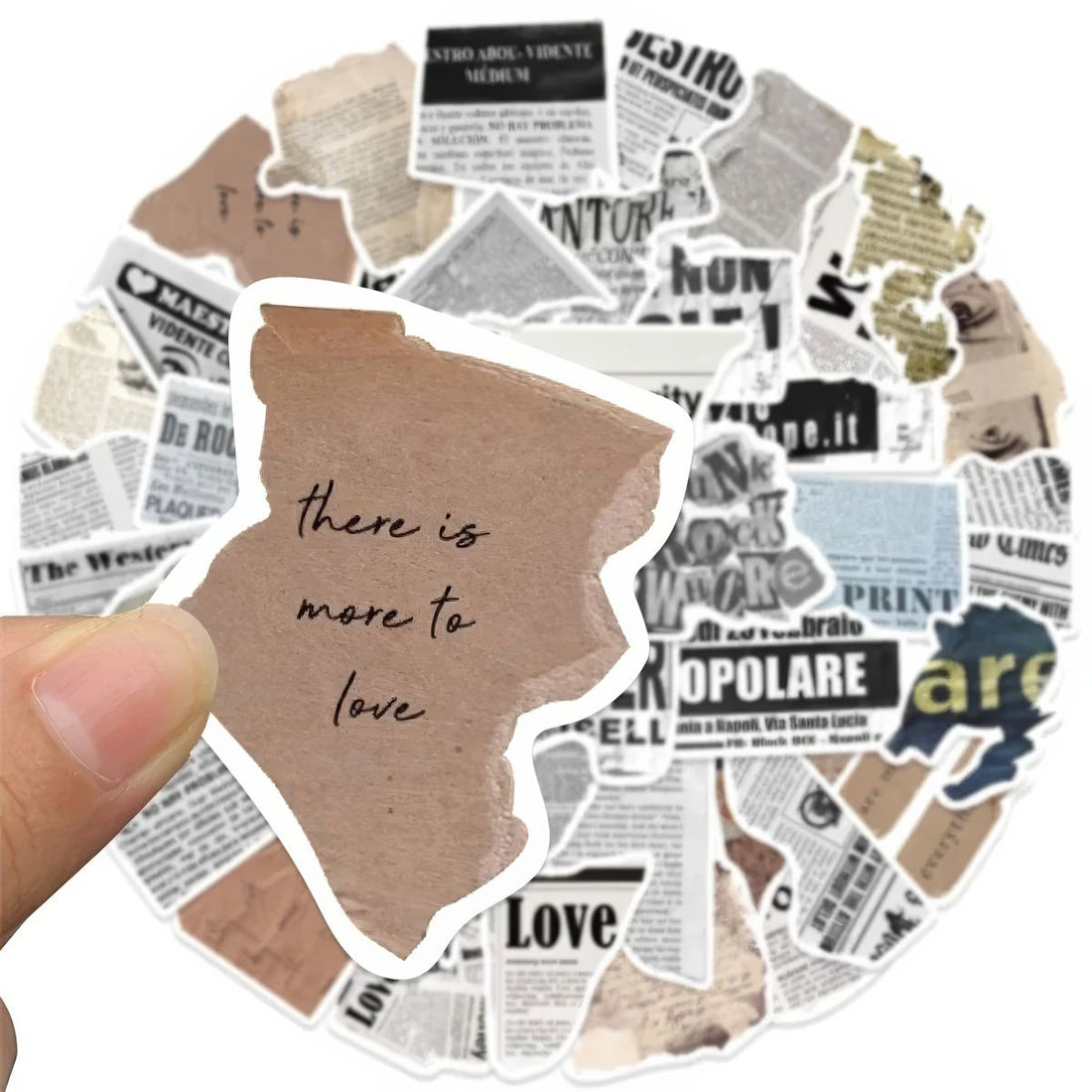 A collection of 52 stickers designed with vintage newspaper prints, old magazine clippings, classical artwork, and muted neutral tones, ideal for decorating journals and scrapbooks.