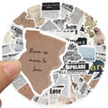 A collection of 52 stickers designed with vintage newspaper prints, old magazine clippings, classical artwork, and muted neutral tones, ideal for decorating journals and scrapbooks.