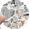 A collection of 52 stickers designed with vintage newspaper prints, old magazine clippings, classical artwork, and muted neutral tones, ideal for decorating journals and scrapbooks.