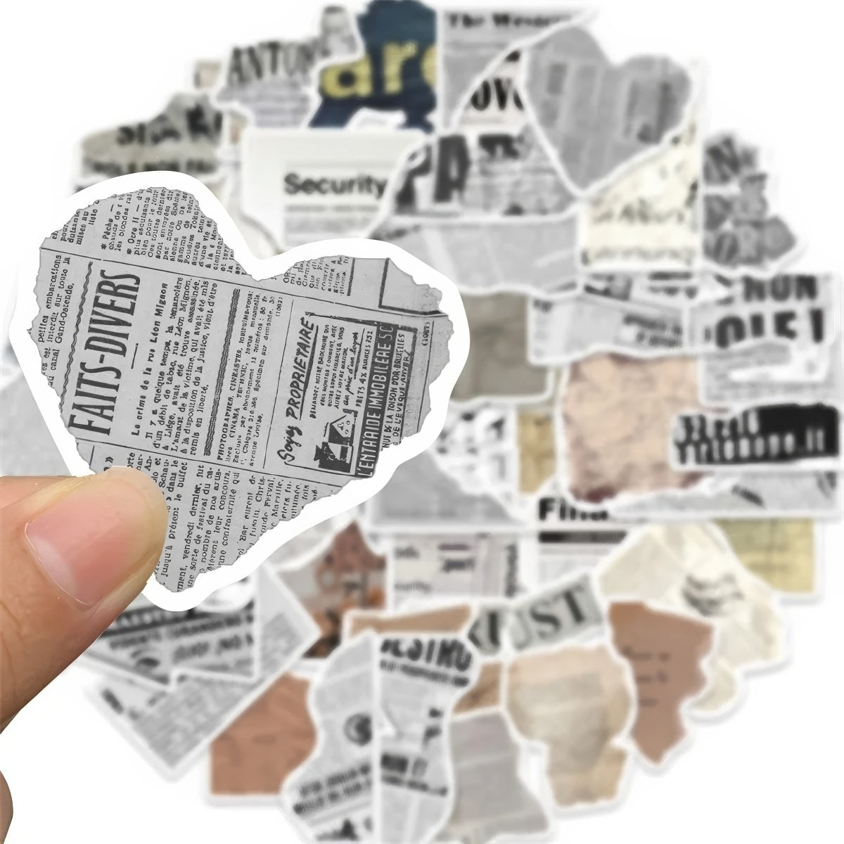 A collection of 52 stickers designed with vintage newspaper prints, old magazine clippings, classical artwork, and muted neutral tones, ideal for decorating journals and scrapbooks.