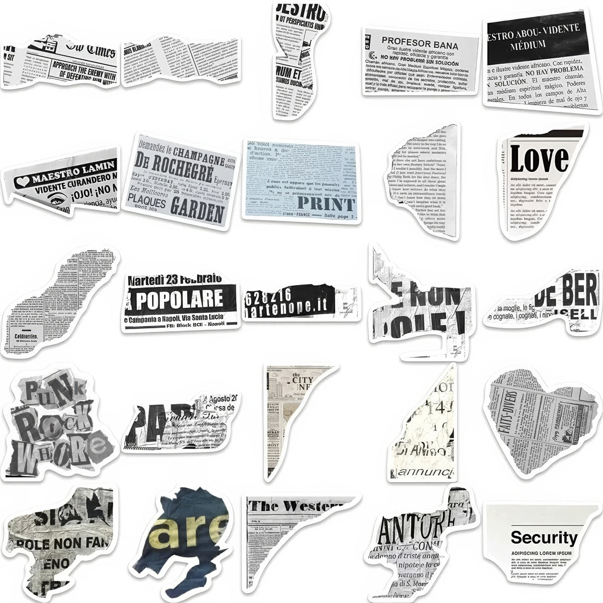 A collection of 52 stickers designed with vintage newspaper prints, old magazine clippings, classical artwork, and muted neutral tones, ideal for decorating journals and scrapbooks.