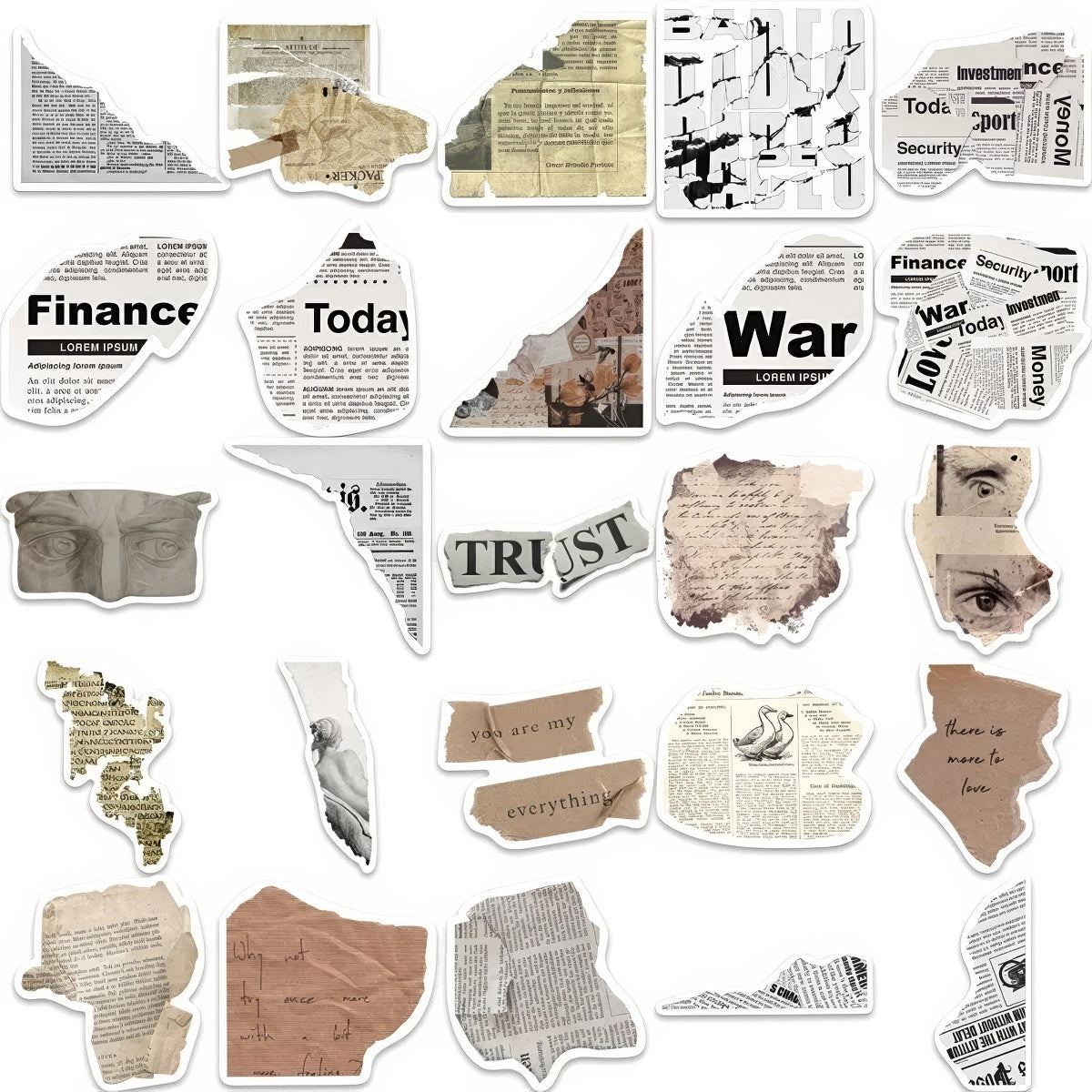 A collection of 52 stickers designed with vintage newspaper prints, old magazine clippings, classical artwork, and muted neutral tones, ideal for decorating journals and scrapbooks.