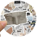 A collection of 52 stickers designed with vintage newspaper prints, old magazine clippings, classical artwork, and muted neutral tones, ideal for decorating journals and scrapbooks.