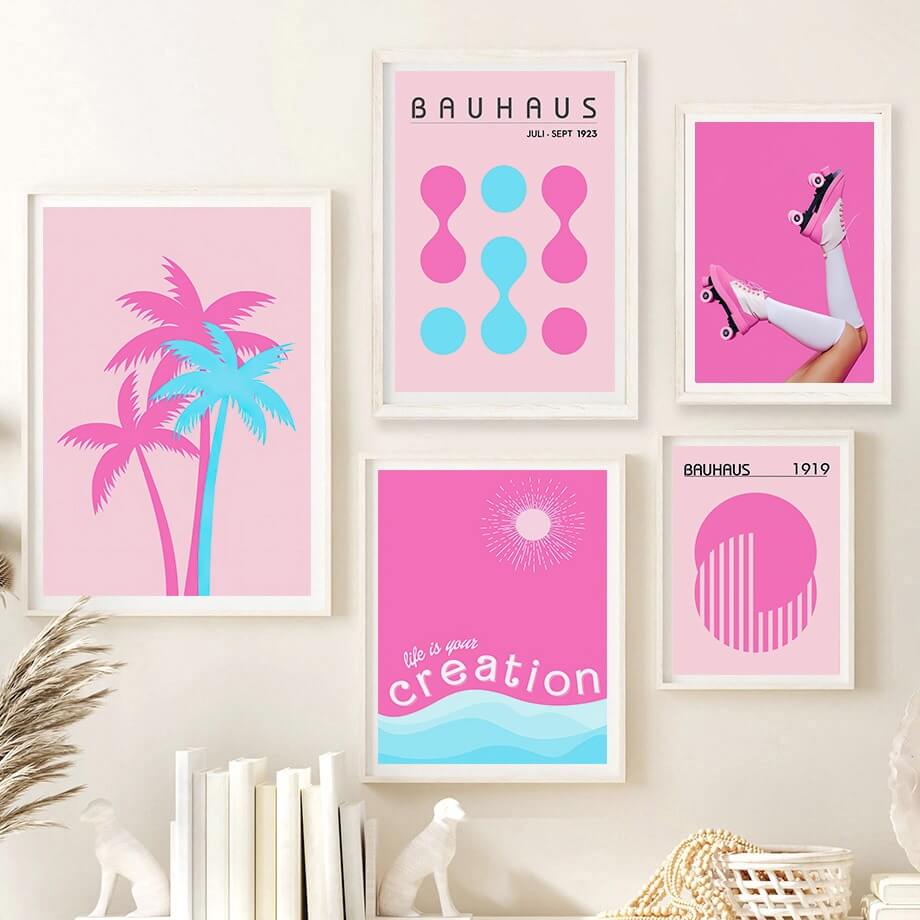 barbiecore aesthetic gallery wall art prints canvas posters in bright pink and acid blue colors