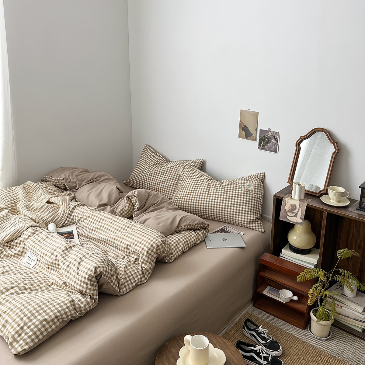 light beige gingham print aesthetic bedding duvet cover set