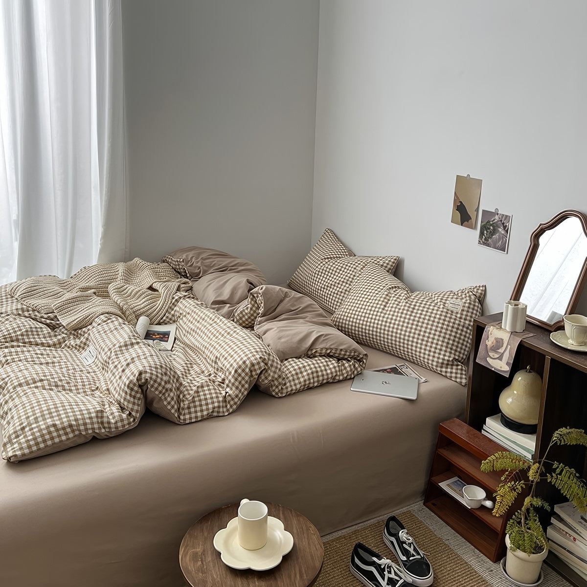 light beige gingham print aesthetic bedding duvet cover set