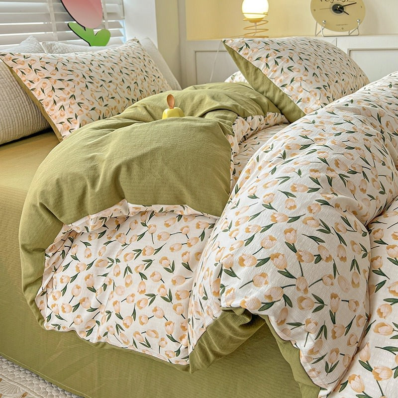 beige tulips sage green aesthetic bedding duvet cover set roomtery bedroom decor