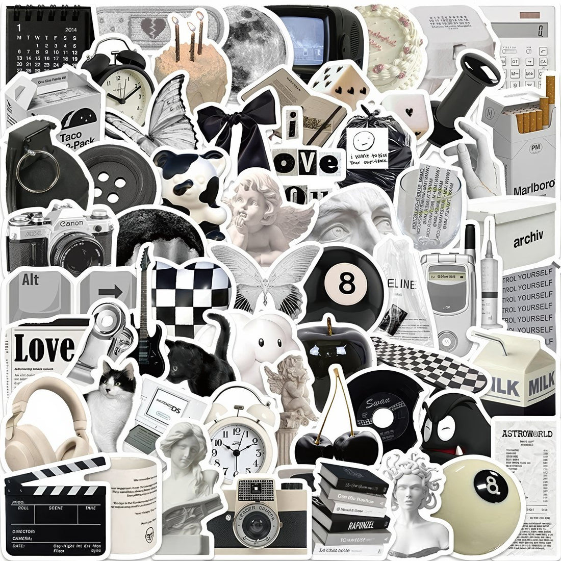 A large assortment of black and white stickers featuring vintage sculptures, retro tech, checkerboards, cats, milk cartons, and 8-ball designs, arranged aesthetically for decoration.