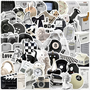 A large assortment of black and white stickers featuring vintage sculptures, retro tech, checkerboards, cats, milk cartons, and 8-ball designs, arranged aesthetically for decoration.