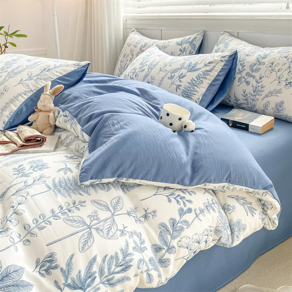 blue monochrome floral print bedding duvet cover set