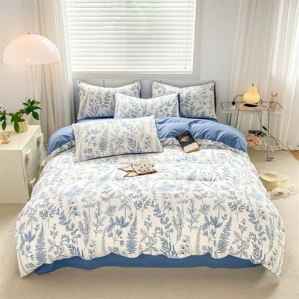 blue monochrome floral print bedding duvet cover set