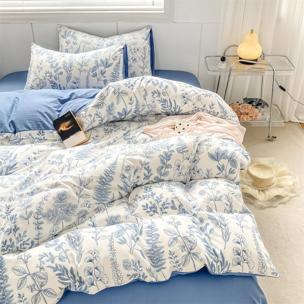 blue monochrome floral print bedding duvet cover set