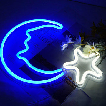 Blue Moon and Star Wall Neon Sign
