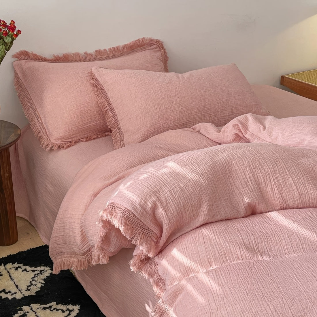 Soft washed cotton duvet cover set with fringe edges for boho aesthetic rooms