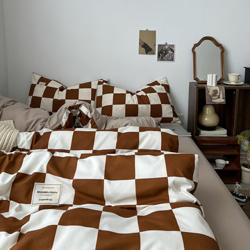 brown color checkered bedding set