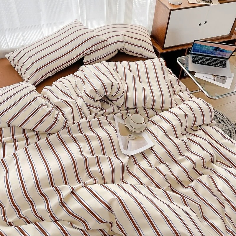 brown striped print bedding duvet cover et aesthetic room decor roomtery