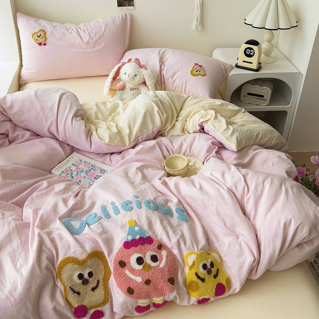 kawaii aesthetic bedding duvet cover set with embroidered cartoon cookies in pastel colors