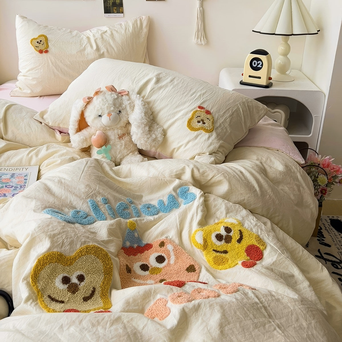 kawaii aesthetic bedding duvet cover set with embroidered cartoon cookies in pastel colors