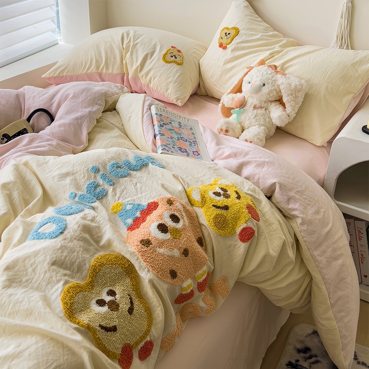 kawaii aesthetic bedding duvet cover set with embroidered cartoon cookies in pastel colors