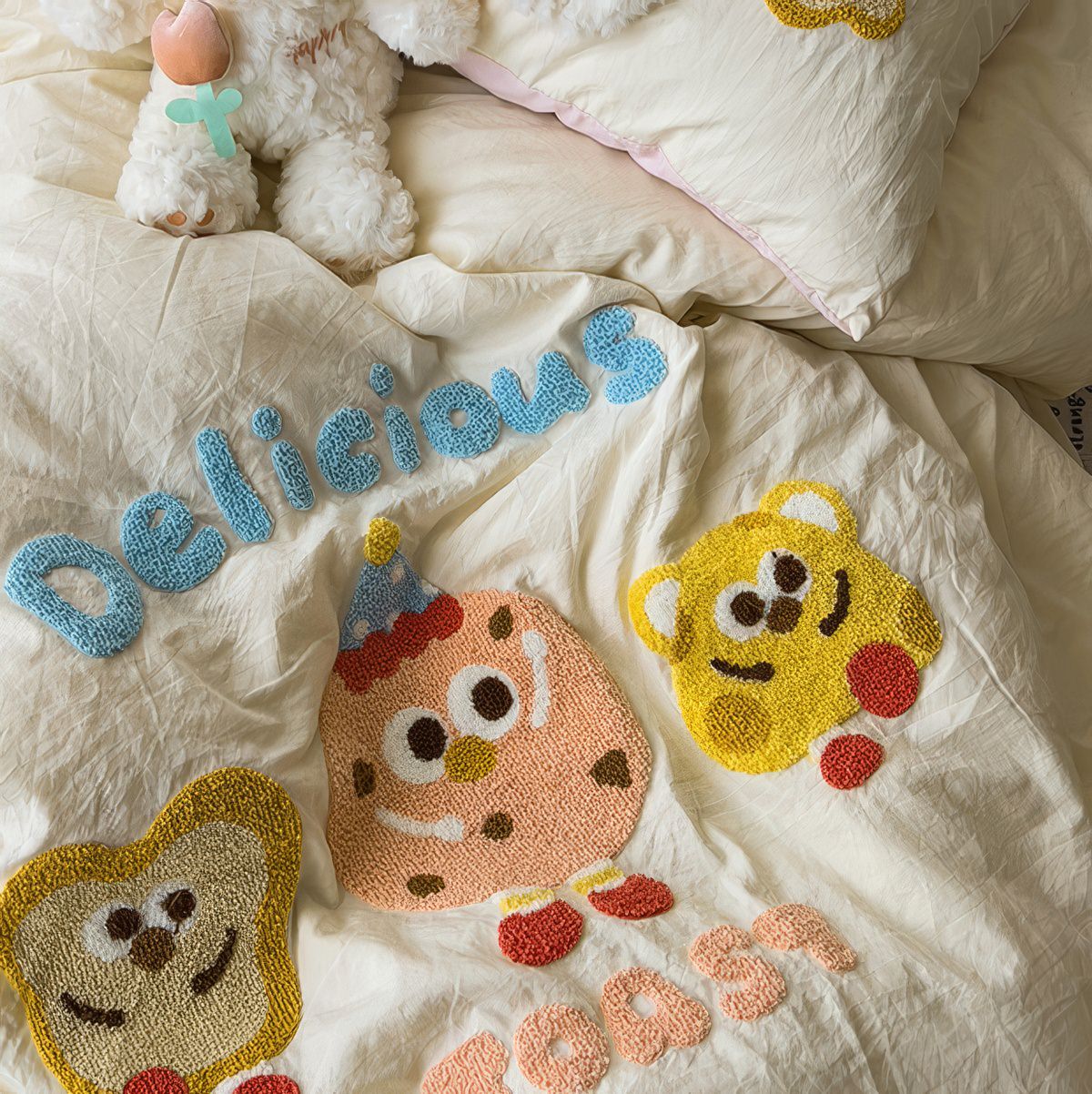 kawaii aesthetic bedding duvet cover set with embroidered cartoon cookies in pastel colors
