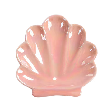 pink and white seashell shaped ceramic jewelry tray