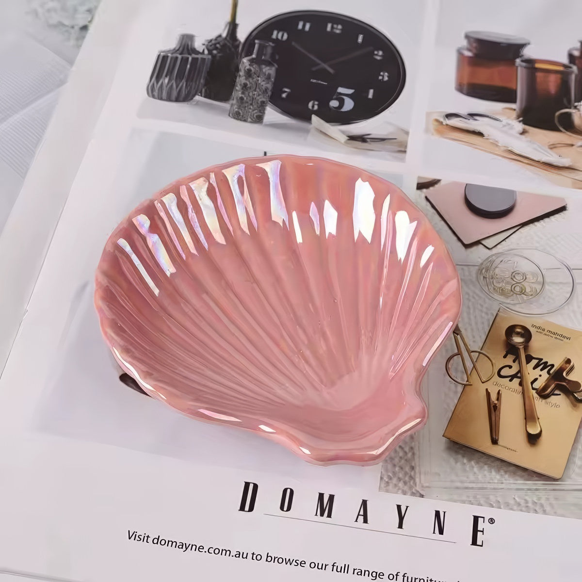 pink and white seashell shaped ceramic jewelry tray