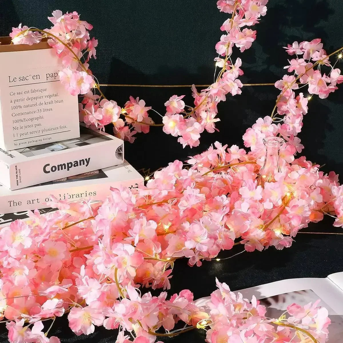 pink flowers artificial garland string lights