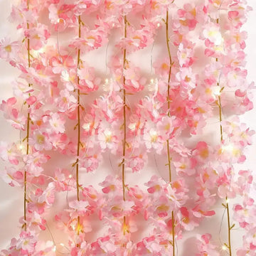 pink flowers artificial garland string lights