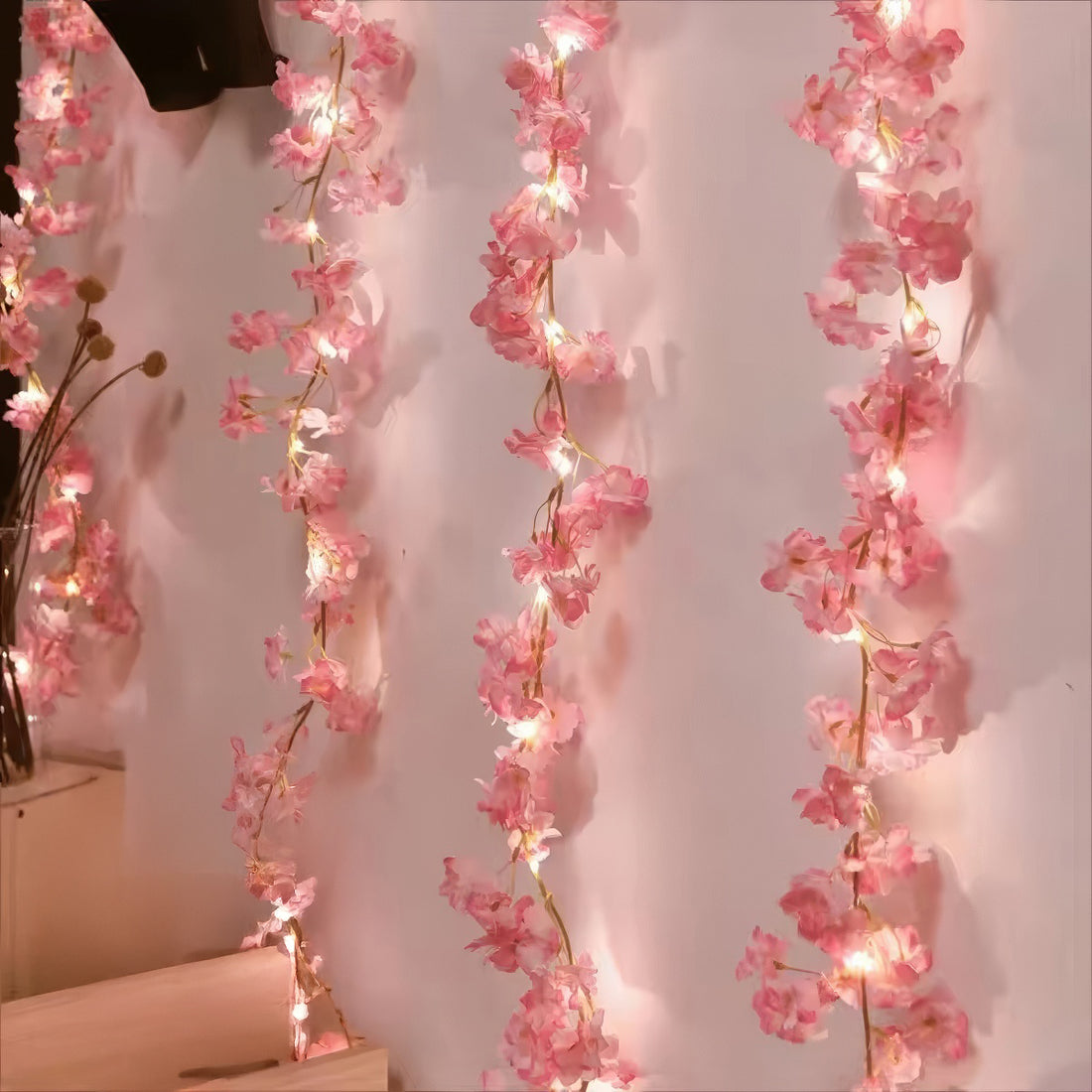 pink flowers artificial garland string lights