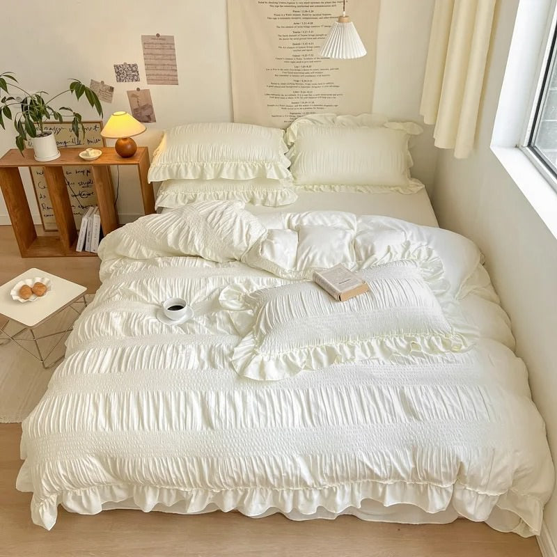 chic girl ruffle laces solid color bedding set roomtery