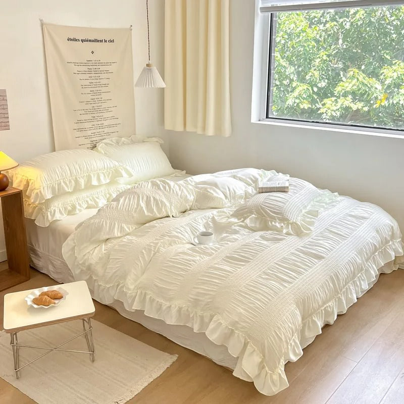 chic girl ruffle laces solid color bedding set roomtery