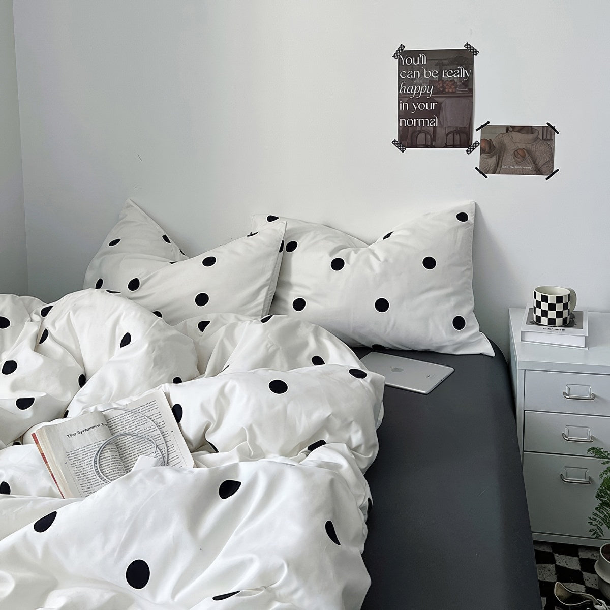 classic black and white polka dot pattern print duvet cover bedding set