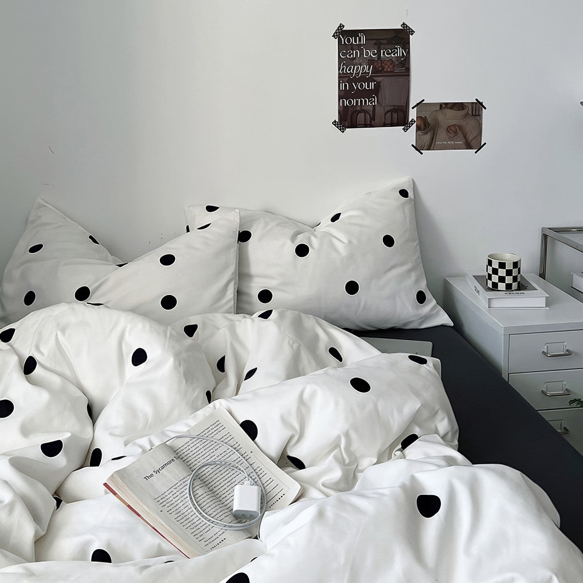 classic black and white polka dot pattern print duvet cover bedding set