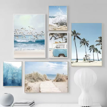 Coastal boho aesthetic wall art gallery set with ocean waves, sandy paths, palm trees, vintage van, and beach photography in blue and beige tones.
