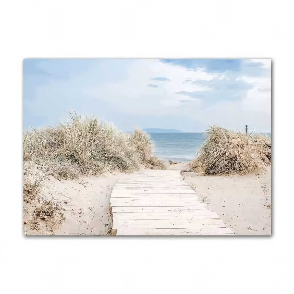 Coastal boho aesthetic wall art gallery set with ocean waves, sandy paths, palm trees, vintage van, and beach photography in blue and beige tones.