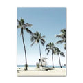 Coastal boho aesthetic wall art gallery set with ocean waves, sandy paths, palm trees, vintage van, and beach photography in blue and beige tones.