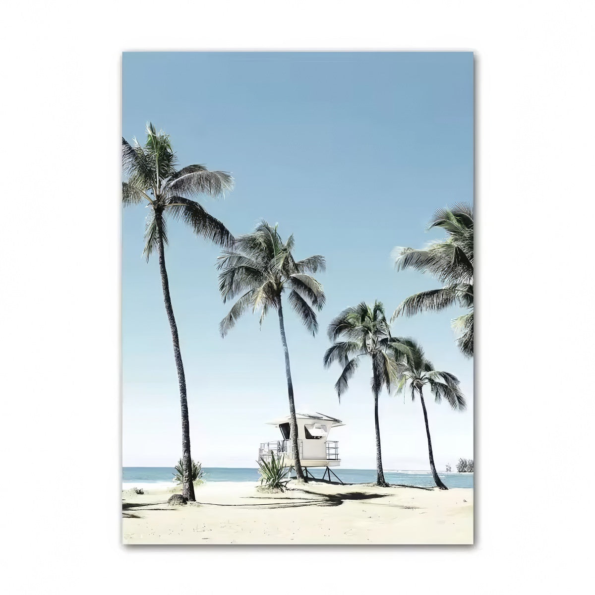 Coastal boho aesthetic wall art gallery set with ocean waves, sandy paths, palm trees, vintage van, and beach photography in blue and beige tones.