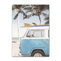 Coastal boho aesthetic wall art gallery set with ocean waves, sandy paths, palm trees, vintage van, and beach photography in blue and beige tones.