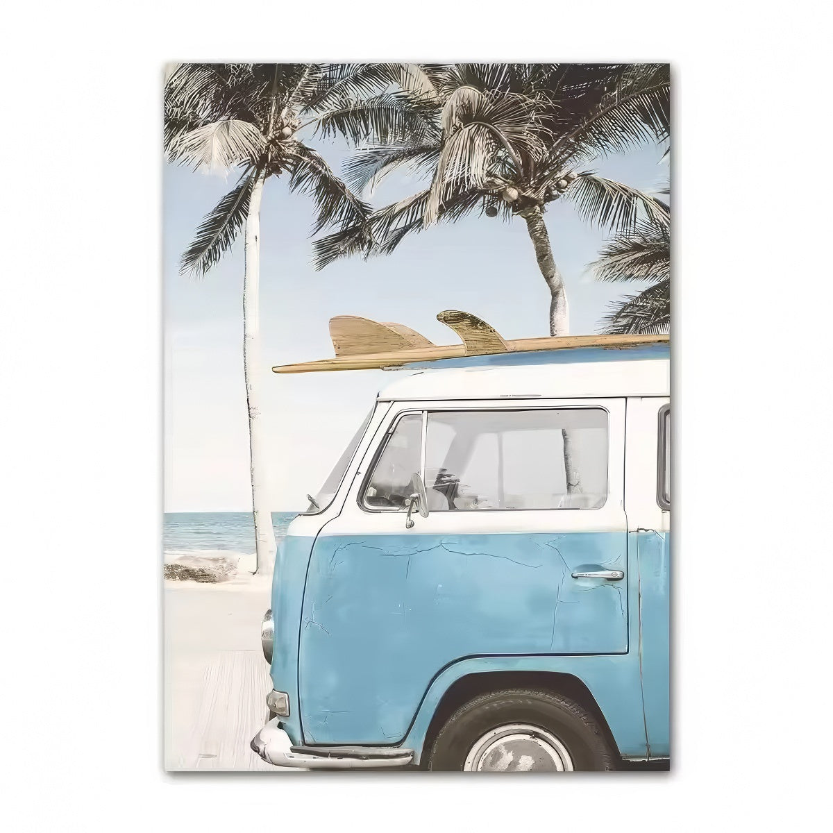 Coastal boho aesthetic wall art gallery set with ocean waves, sandy paths, palm trees, vintage van, and beach photography in blue and beige tones.