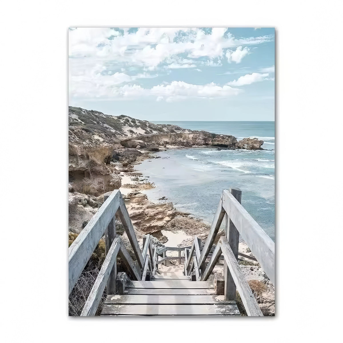 Coastal boho aesthetic wall art gallery set with ocean waves, sandy paths, palm trees, vintage van, and beach photography in blue and beige tones.