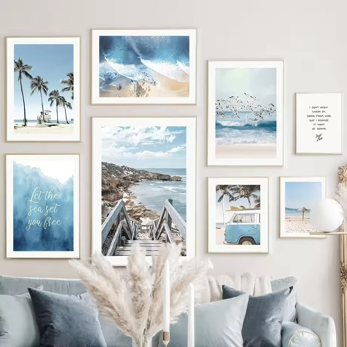 Coastal boho aesthetic wall art gallery set with ocean waves, sandy paths, palm trees, vintage van, and beach photography in blue and beige tones.