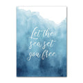 Coastal boho aesthetic wall art gallery set with ocean waves, sandy paths, palm trees, vintage van, and beach photography in blue and beige tones.