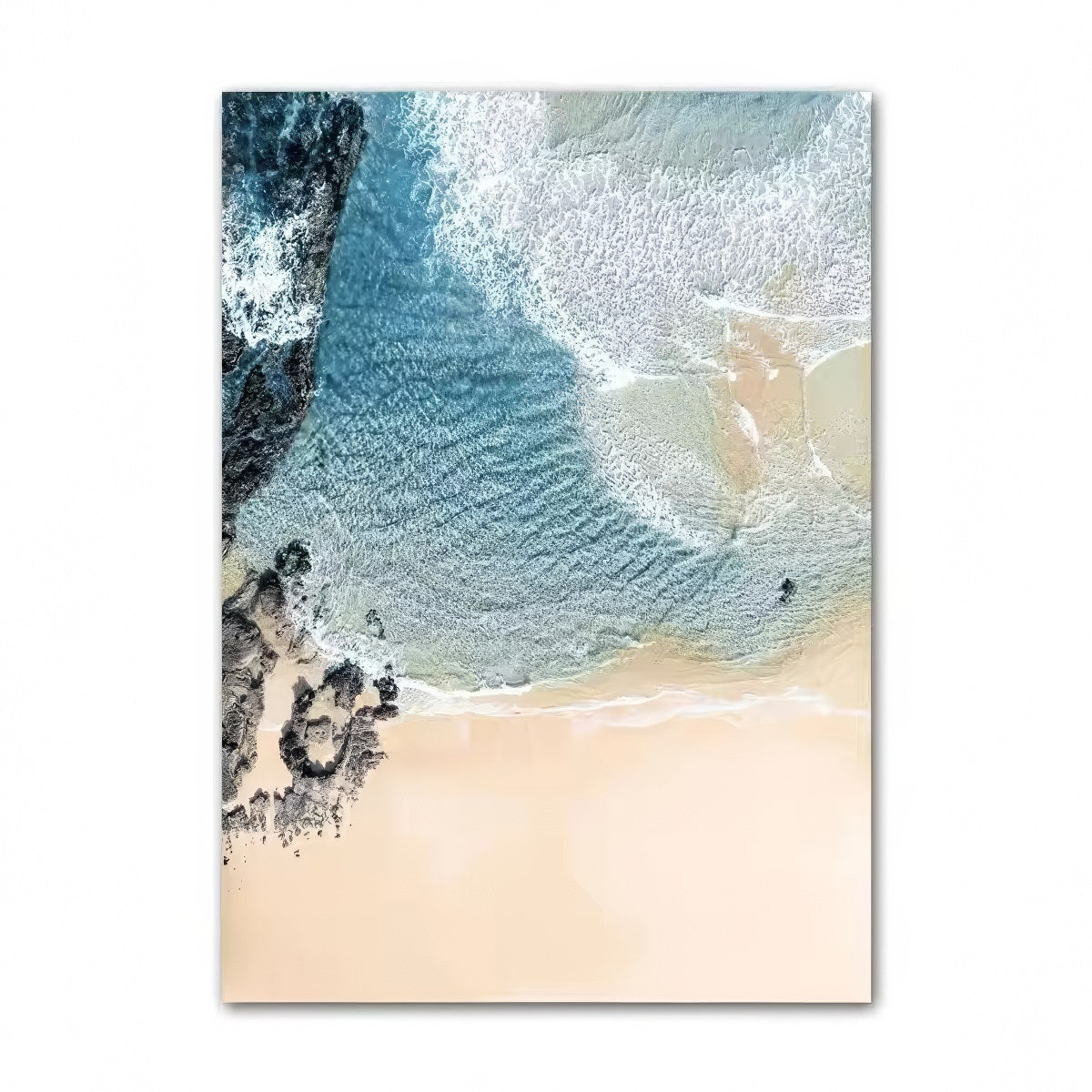 Coastal boho aesthetic wall art gallery set with ocean waves, sandy paths, palm trees, vintage van, and beach photography in blue and beige tones.