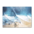 Coastal boho aesthetic wall art gallery set with ocean waves, sandy paths, palm trees, vintage van, and beach photography in blue and beige tones.