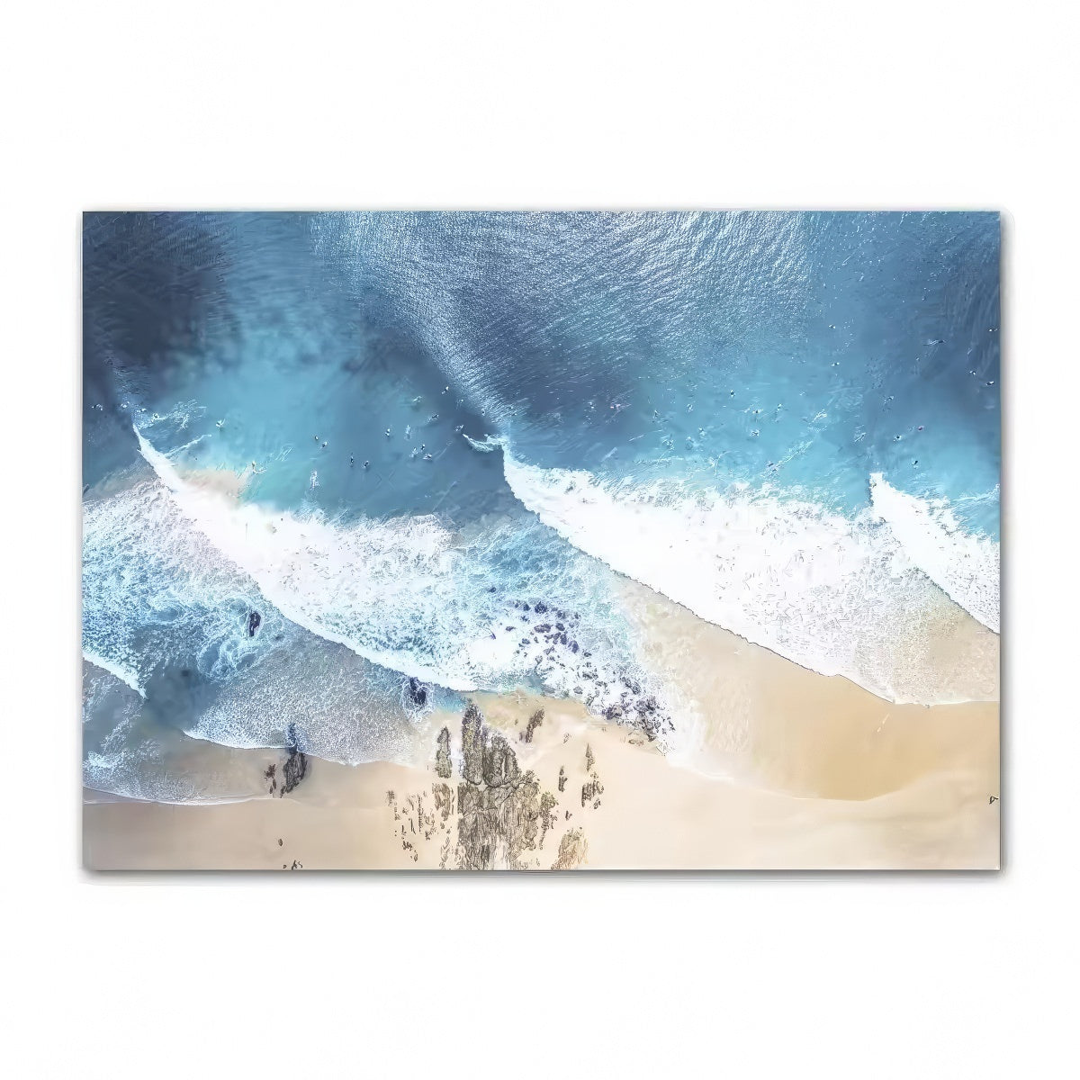 Coastal boho aesthetic wall art gallery set with ocean waves, sandy paths, palm trees, vintage van, and beach photography in blue and beige tones.