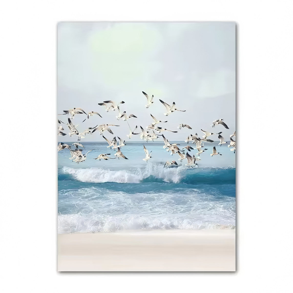 Coastal boho aesthetic wall art gallery set with ocean waves, sandy paths, palm trees, vintage van, and beach photography in blue and beige tones.